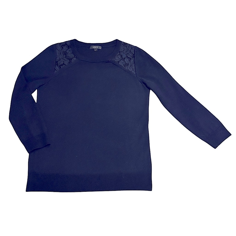 J Crew Navy Blue 100% Merino Wool Livhtweight Crewneck Sweater Lace Size Small